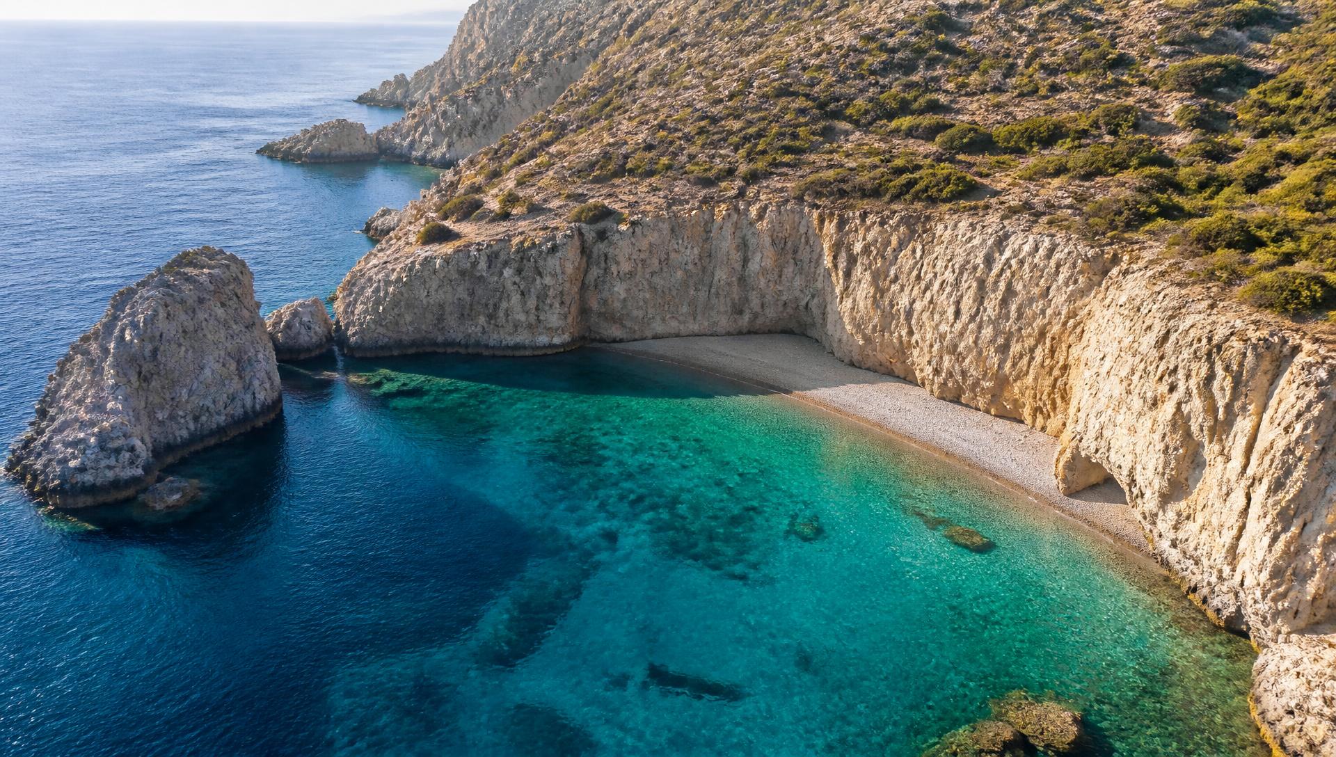 Aerial view of a sheltered turquoise cove on Kythera, Greece